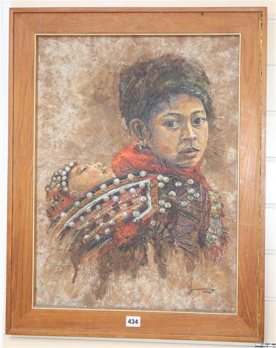 Yawamalya (Tibetan School), oil on a collage of leaves laid on card, Portrait of a Tibetan woman and child,